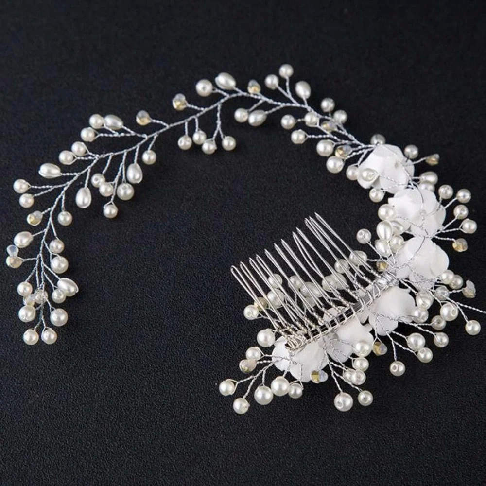 Bridal Pearls Flowers Crystals Hair Comb White Wedding Hairband Accessory